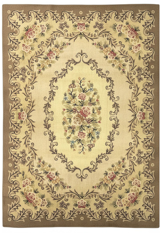8' x 11'4" Indian hooked rug, cream field with a central rose bouquet and mocha acanthus border