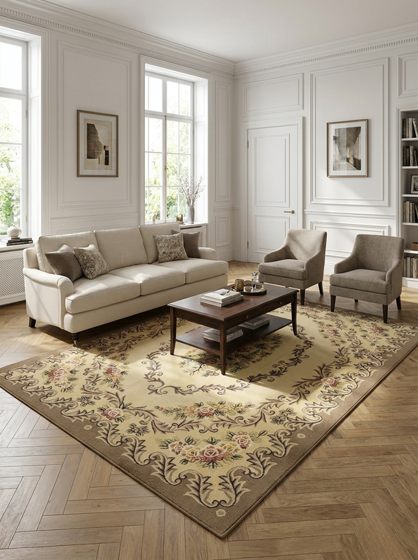 8' x 11'4" Indian Hooked Rug | Cream Aubusson Style Floral Medallion | Hand-Hooked Wool
