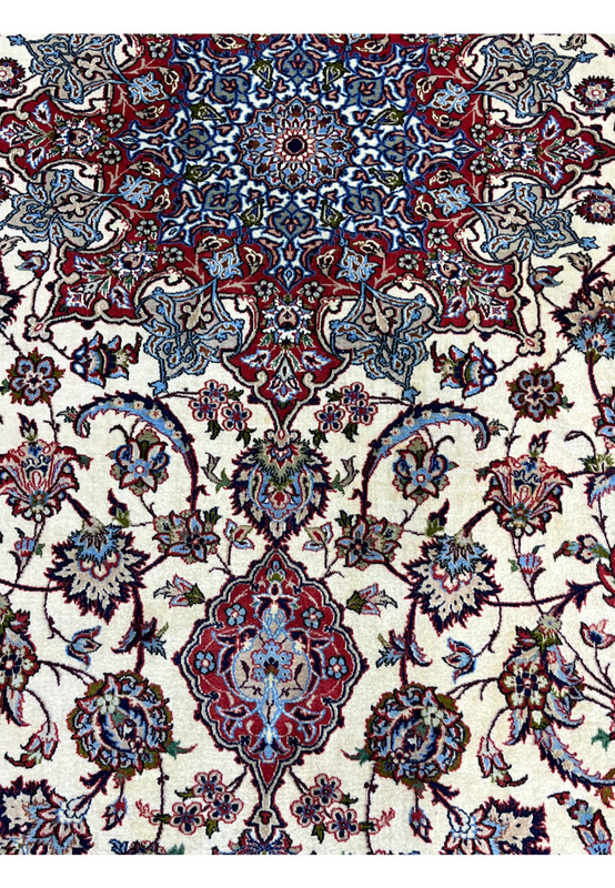 Pattern detail 8x12 premium Persian Isfahan wool silk rug ivory field crimson red star medallion blue floral arabesques