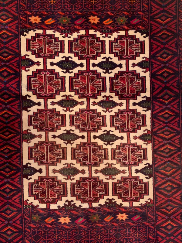 Close-up of intricate designs on the 3 x 5 Persian Baluch Prayer rug