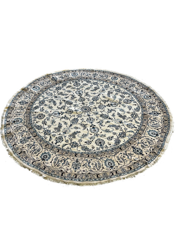 Luxurious hand-knotted Persian Nain round rug with silk accents