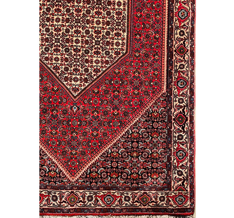 Detailed view of the Persian Bijar rug's border and fringe, showcasing the fine patterns and color variations.