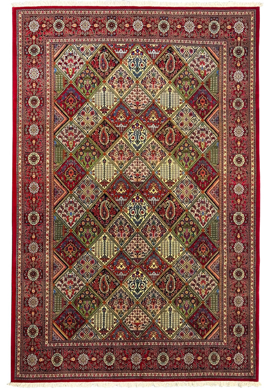 Hand-knotted 6'8 x 10 Persian Qum rug with intricate floral and geometric patterns, featuring rich red, beige, green, and blue colors