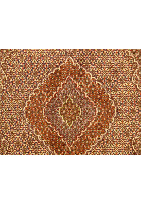 Close-up of the medallion on the 6'8x9'9 Persian Tabriz Mahi Rug, highlighting the intricate motifs and color details.