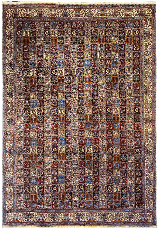 Full view of 12'8 x 18'7 Persian Moud Rug showing intricate panel design and vibrant colors.