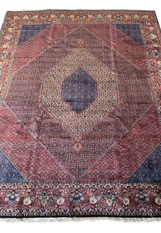 Top view of 10' x 13' Persian Bijar rug, showing symmetrical design layout