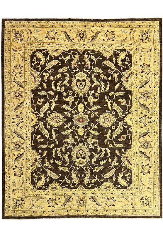 Full view of the 12 x 14'5 Oriental Ziglar Rug, featuring a rich brown background with detailed floral designs.