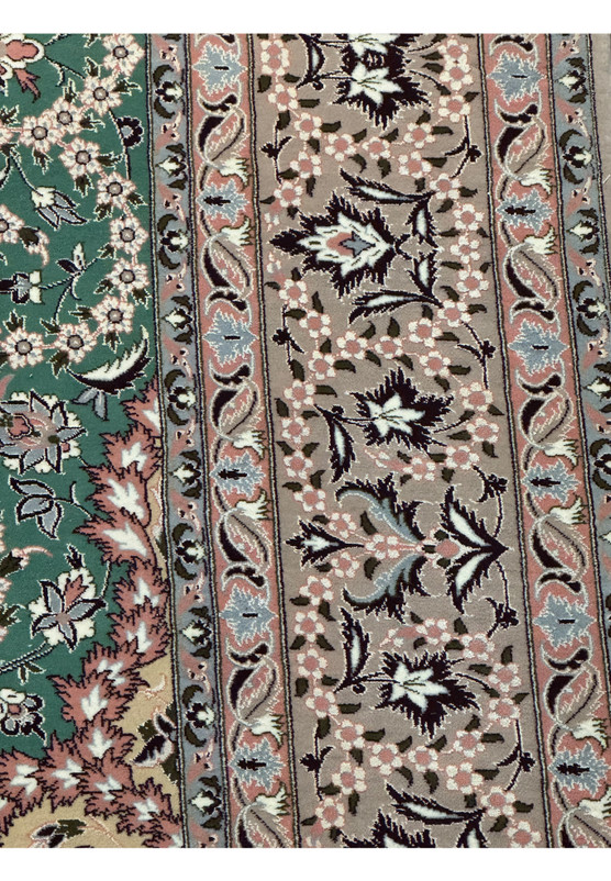 Floral border with taupe background on Persian Isfahan wool and silk rug