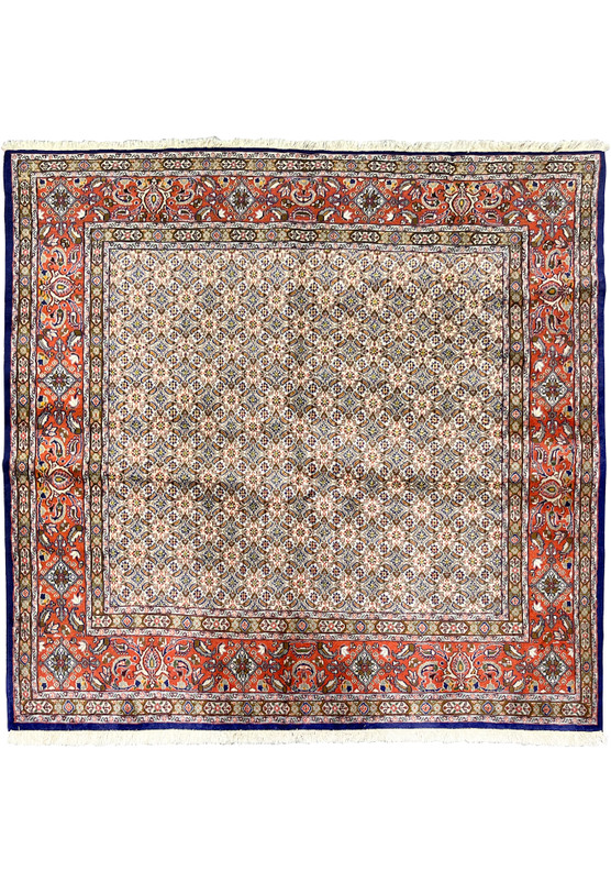 Full view of 6'4 x 6'6 square Persian Moud rug showing ivory Herati field and red floral border.