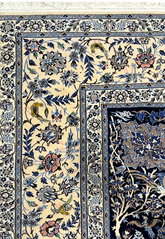7x10 Persian Nain 6La Habibian Handmade Wool and Silk Rug Ivory Border Floral Vine Pattern Detail Navy Blue Closeup