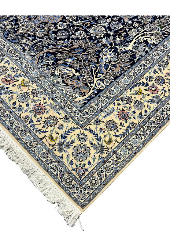 7x10 Persian Nain 6La Habibian Handmade Wool and Silk Rug Corner Floral Border Closeup Navy Blue and Cream Vine Motifs