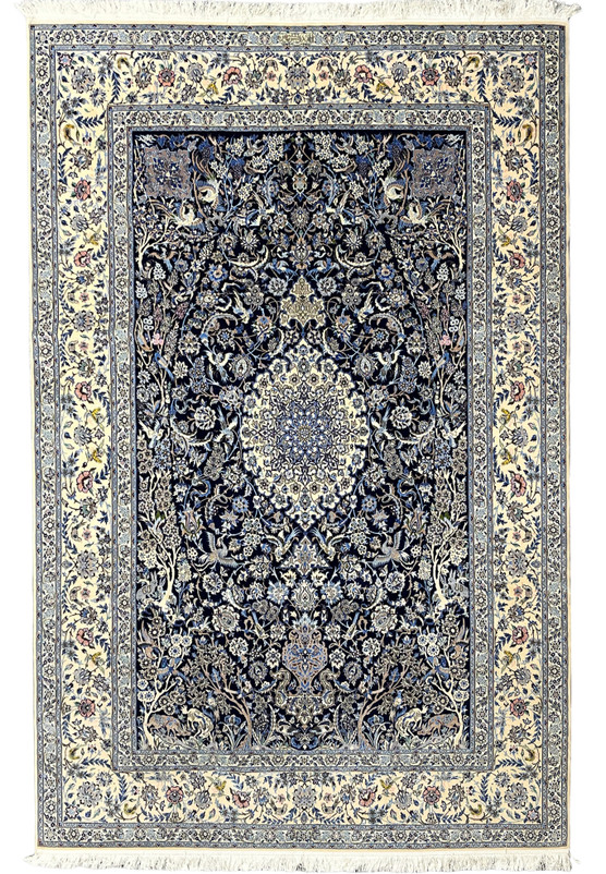7x10 Persian Nain 6La Habibian Handmade Wool and Silk Rug Navy Blue Floral Medallion Design Full View White Background