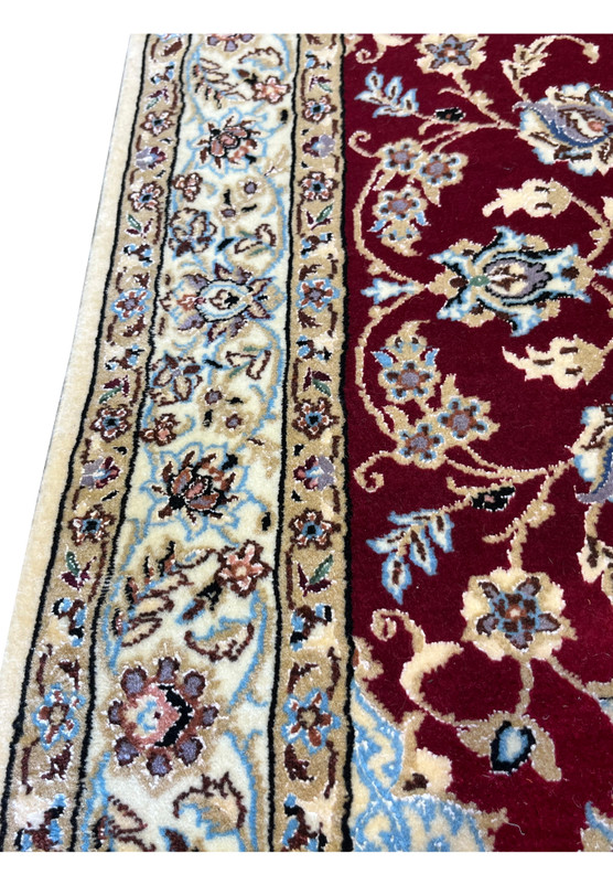 2'9x17 Persian Nain 6La Habibian runner wool silk ivory gold blue floral border closeup