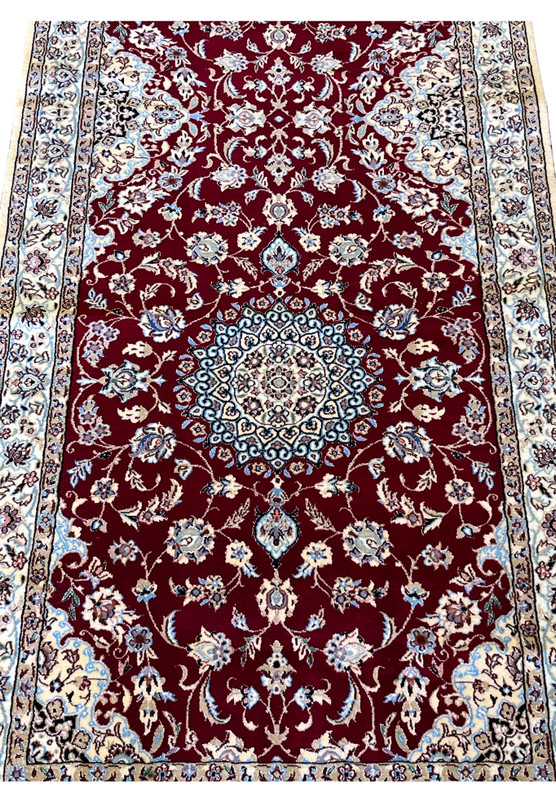 2'9x17 Persian Nain 6La Habibian runner wool silk crimson ivory blue central medallion detail