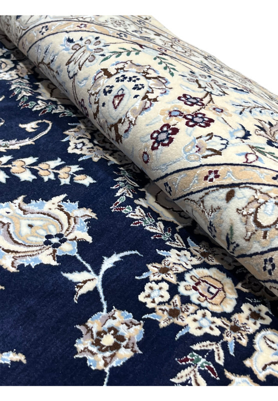 9x12 Persian Nain Habibian 6La rug rolled detail navy ivory silk pile wool construction