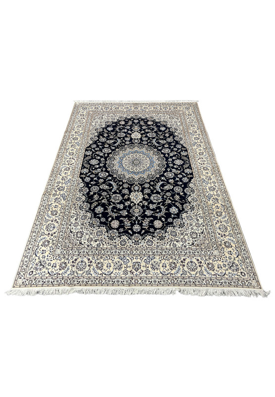 9x12 Persian Nain Habibian 6La rug laid flat navy field ivory border signed master workshop
