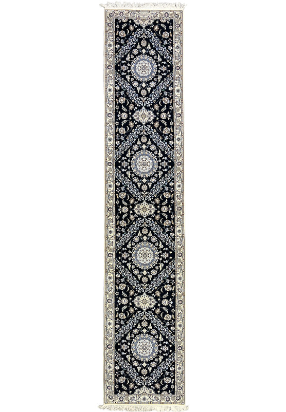 3x15 Persian Nain 6La Habibian signed runner full view, navy field, ivory border, four medallion allover design