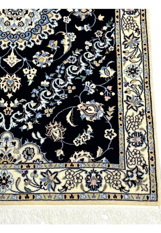 Border and corner view of 3x15 Persian Nain 6La Habibian runner, ivory guard bands and floral main border