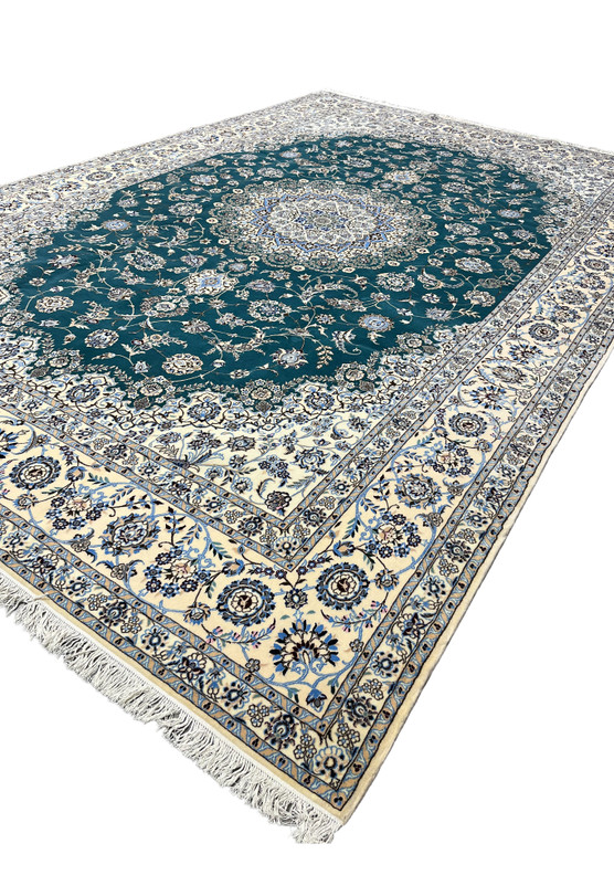 Large authentic Persian Nain 6La rug for living room, emerald green field with ivory border, handmade wool and silk