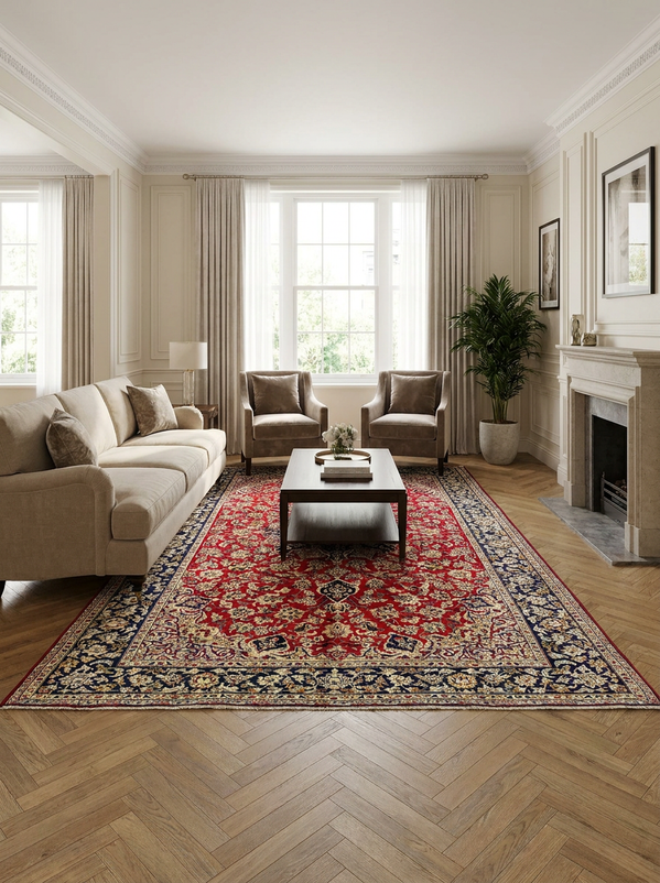 9'6 x 12'5 Persian Isfahan Rug | Shah Abbas Allover Floral | Lobed Navy Medallion | Crimson Field