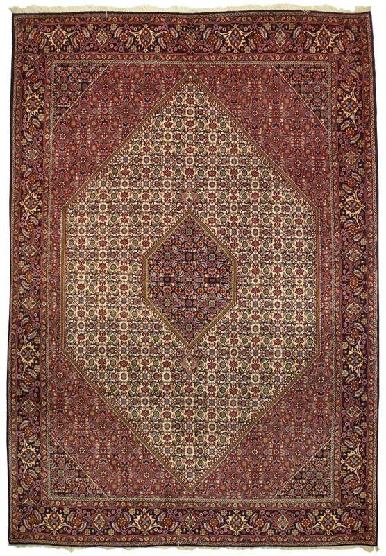 Full overhead view of 7x10 Persian Bijar rug with stepped diamond medallion on ivory herati ground