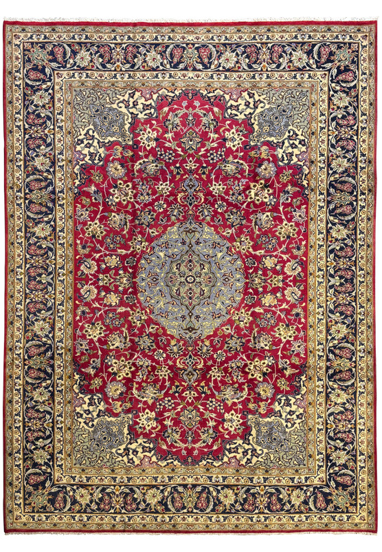 Full view of 9'10 x 13'2 Persian Isfahan Rug with intricate floral medallion and rich color palette.
