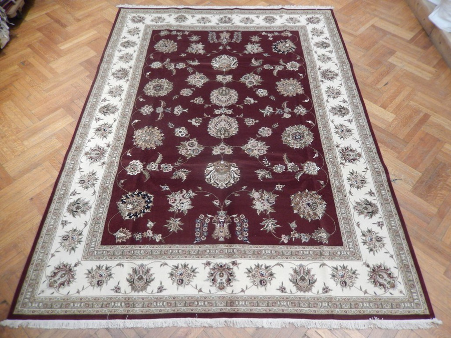 Chinese Tabriz Burgundy Wool & Silk Handmade 9' x 12' Super Fine New Perfect Condition