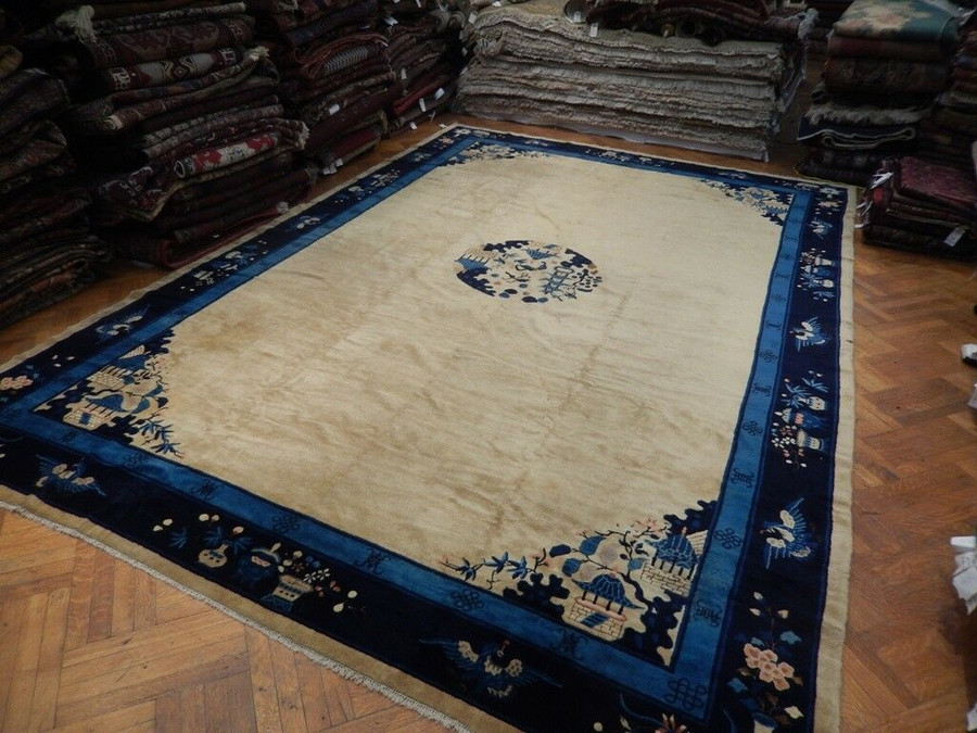 11 x 16 Hand-Knotted 1900s Antique Area Rug Art Deco Vintage Chinese Heritage