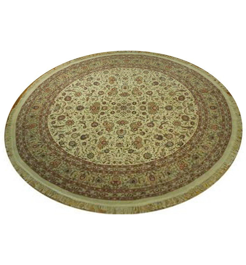 10 x 10 Round Oriental Tabriz All Over Ivory Design Wool & Silk Rug