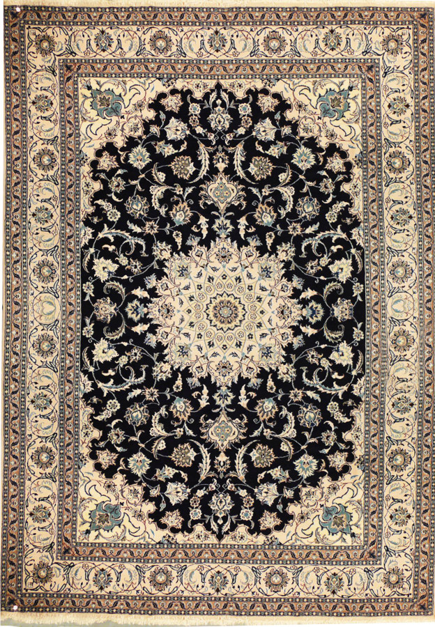 Full view of 8′1″ × 11′4″ Persian Nain rug with beige field and navy medallion