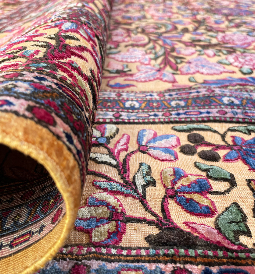 4'5 x 7 Antique Persian Tabriz Souf Rug Silk and Gold plated metallic