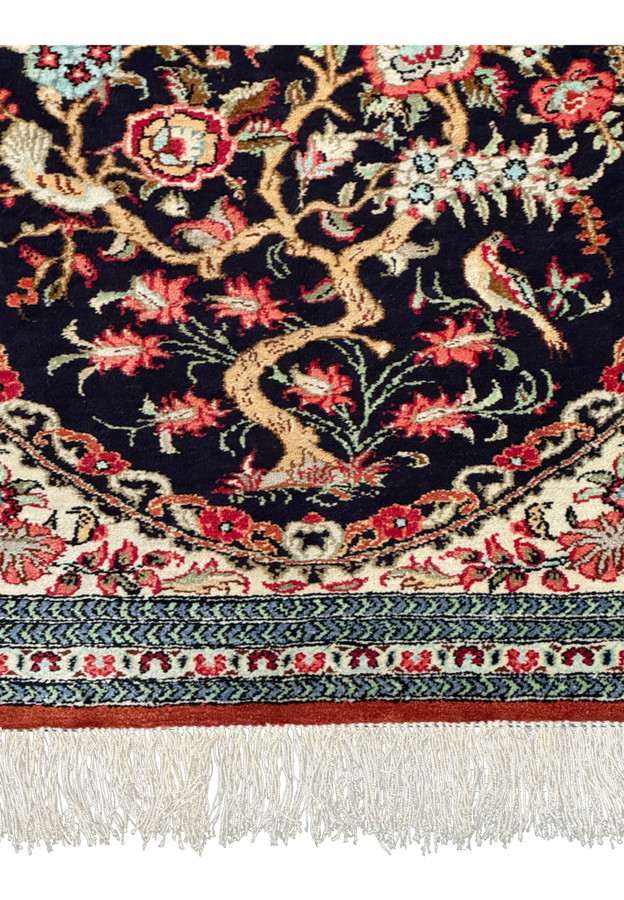 2x3 Persian Silk Qum Rug showing the lower border and close of handmade tree of life
