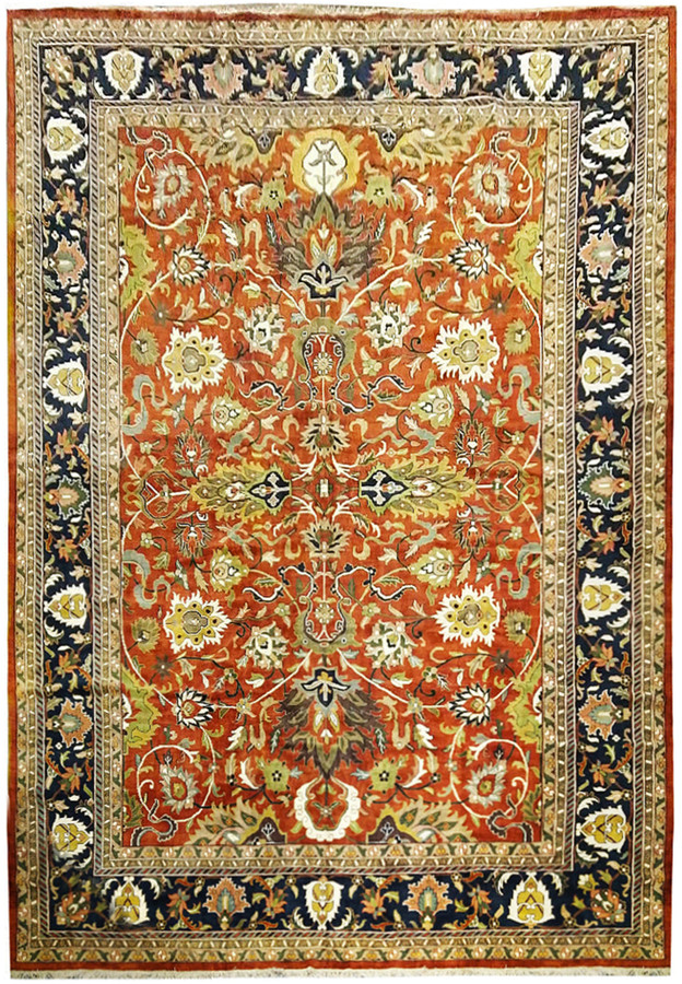 Full view of a handwoven 14x22 Oriental Serapi Palace Rug with terracotta base and intricate traditional designs