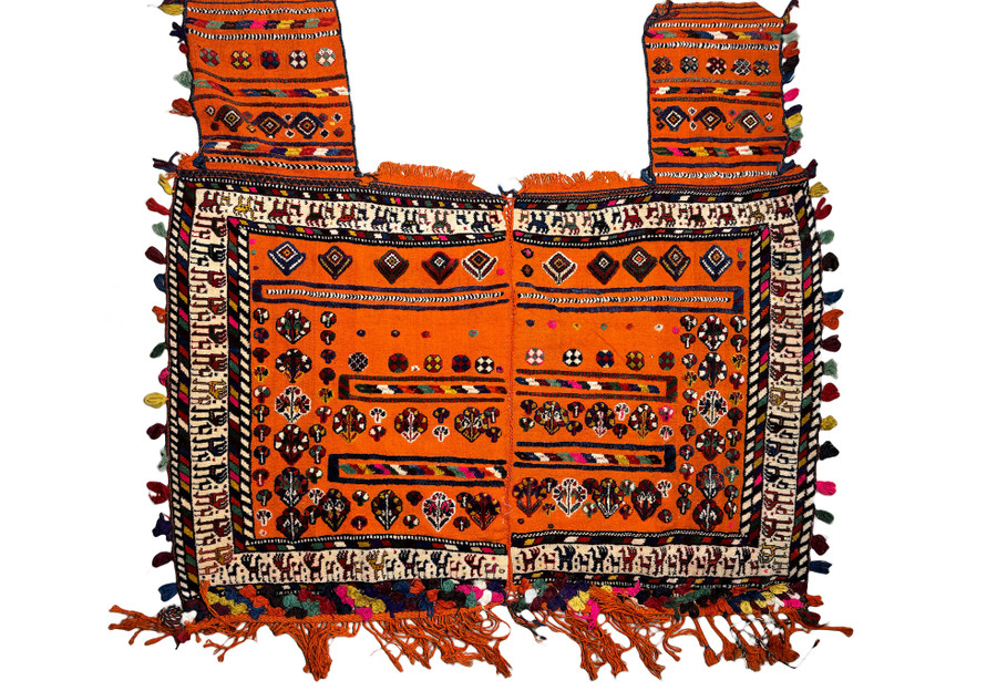 Vibrant 3'9" x 5'8" Persian Qashqai Horse Cover Rug with orange field and intricate tribal motifs