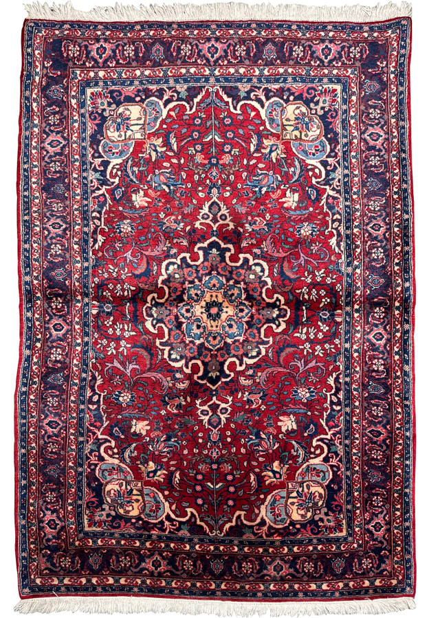 Full view of a Persian Sarough rug displaying intricate designs and a border pattern, with the texture of the shimmering wool visible