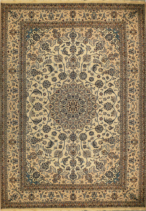 Full view of 8'2 x 11'5 Persian Nain rug with beige field and navy medallion
