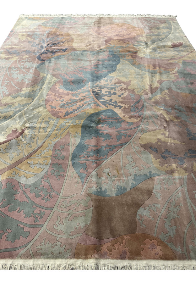 Angled view of a Modern Art Deco Beijing rug, emphasizing the lush pile and depth of the organic leaf design