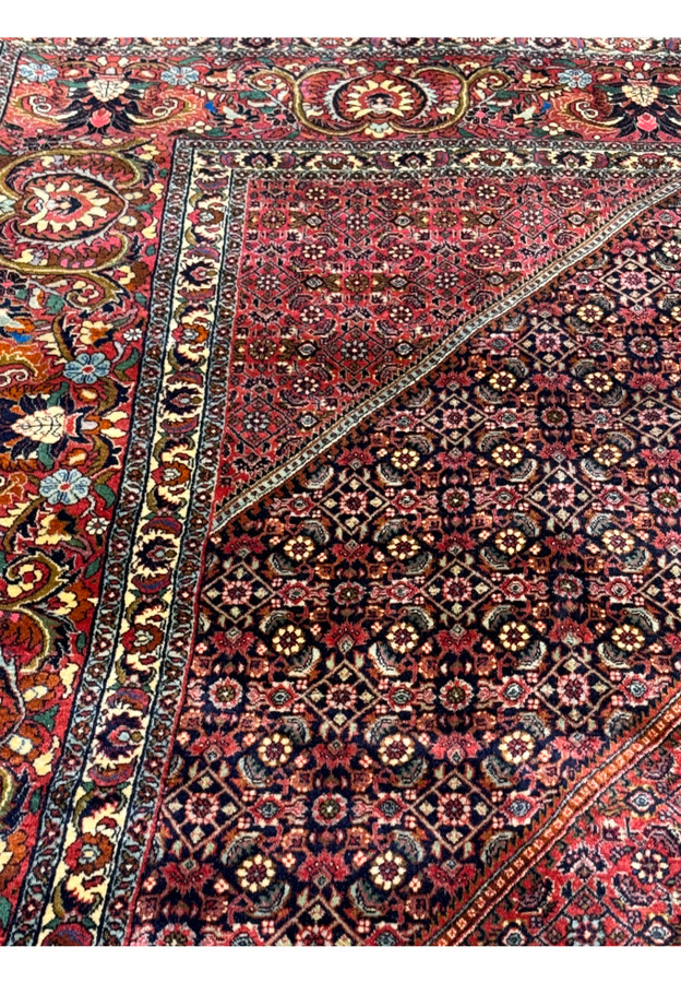 Close-up of the rug's border detailing the precision of the pattern work and the harmonious color scheme
