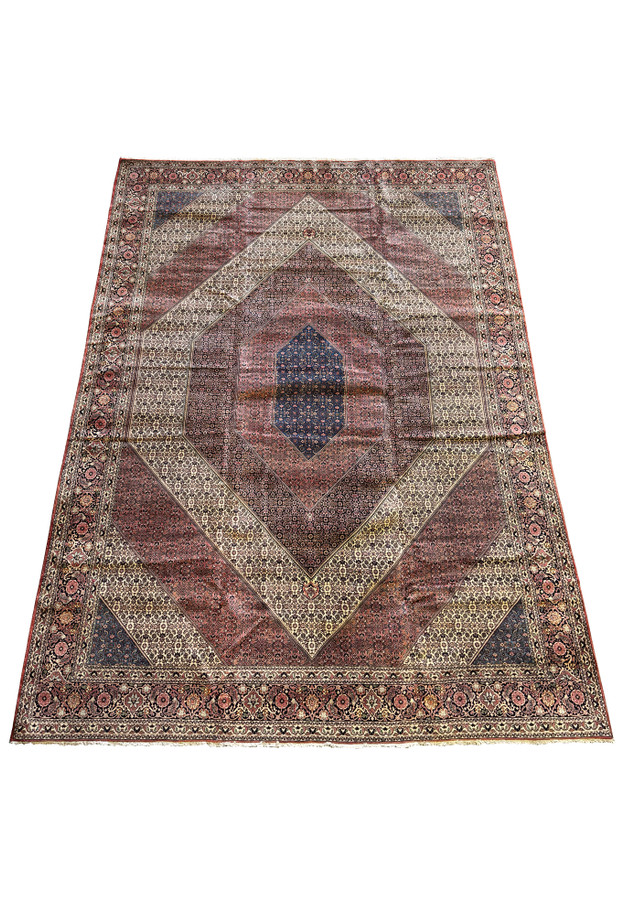Overall view of a spacious Persian Bijar rug showcasing an elaborate mix of geometric and botanical designs with a standout central medallion.