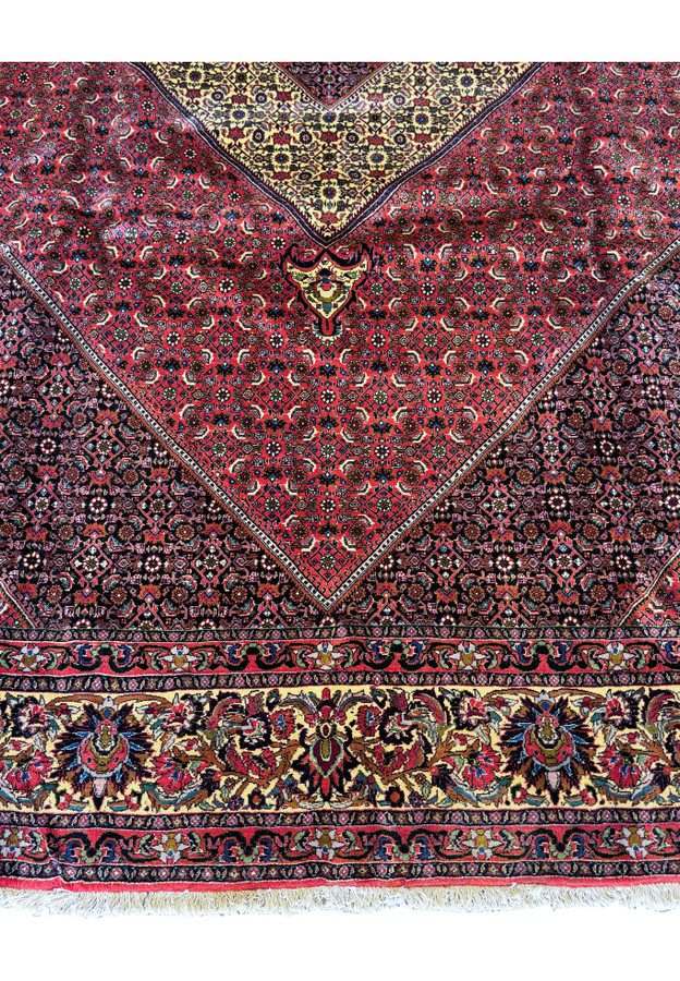 Overhead close-up of a section of the Persian Bijar Rug, with a focus on the detailed floral and geometric designs