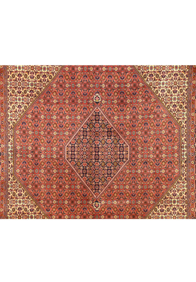 A close-up of the Bijar rug's surface, highlighting the complex patterns, vibrant colors, and the plush texture of the wool that speaks to its high quality and craftsmanship.