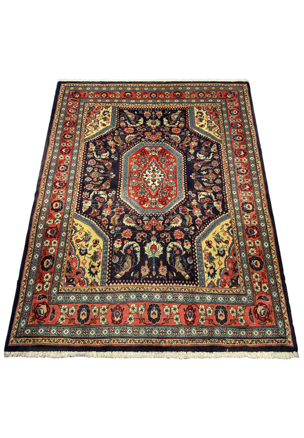 Top view of a 3'7 x 4'8 Persian Bidjar Rug displaying a rich color palette of deep navy, crimson, and ivory, with intricate floral and geometric patterns.