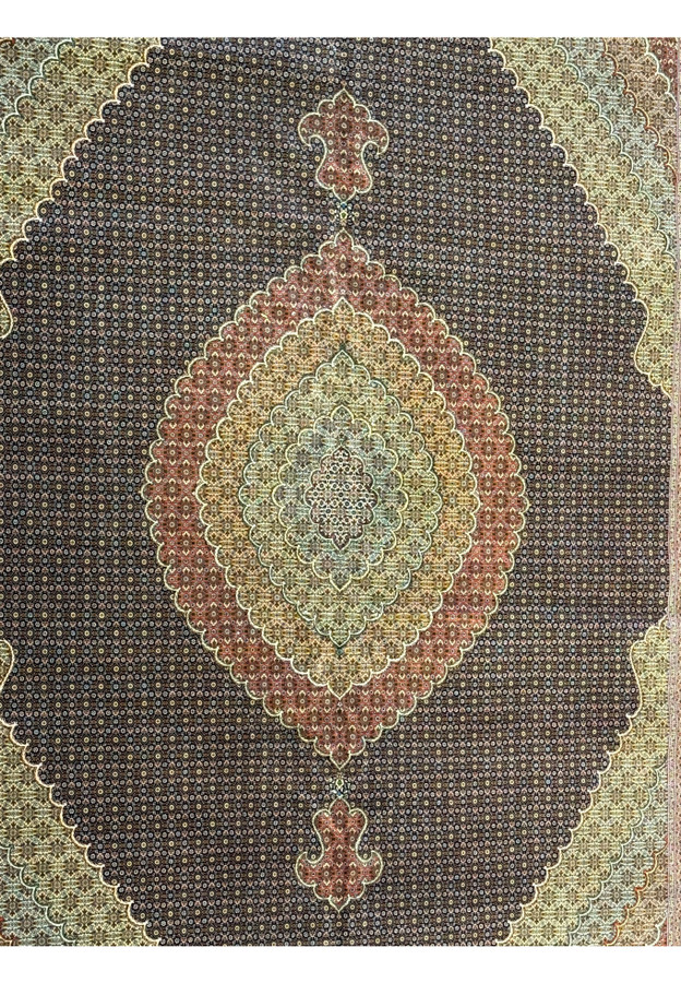 Close-up of the intricate motifs on a 11'7 x 16'6 Persian Tabriz Mahi rug, featuring a blend of wool and silk