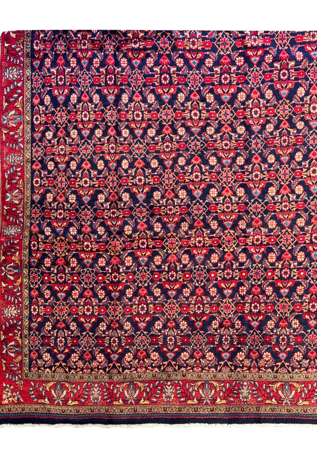 Detailed view of the vibrant border and central field of a 9x12 Persian Mahal rug.