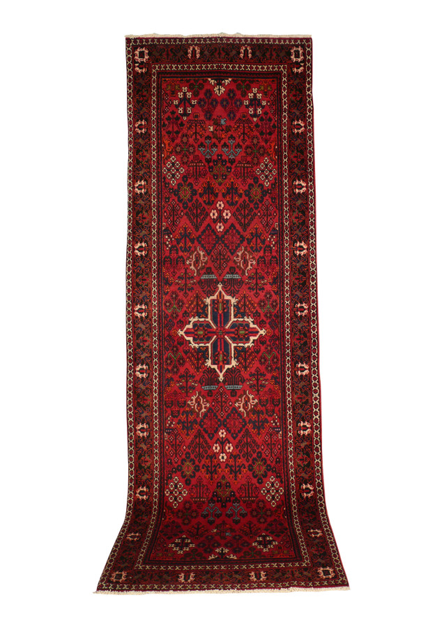 A detailed look at the 3'5" x 11' Persian Meymeh runner rug, displaying its beautiful design and vibrant color palette. The intricate patterns and durable wool construction highlight the superior craftsmanship of Meymeh weavers.