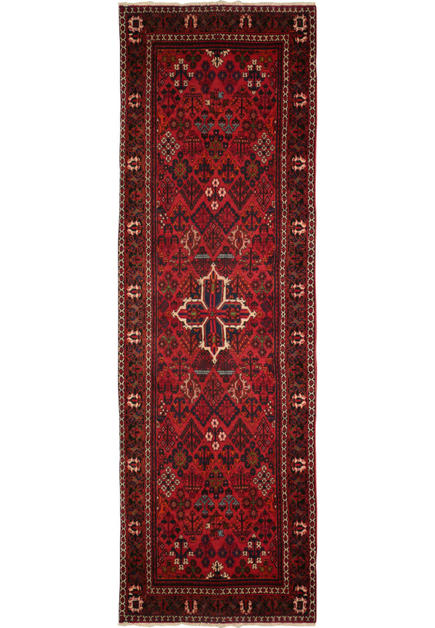 3'5" x 11' Persian Meymeh runner rug, showcasing its intricate central medallion and geometric patterns in rich red, blue, ivory, black, and green colors. The high-quality wool and fine craftsmanship are evident, making it a perfect addition to any hallway or narrow space.