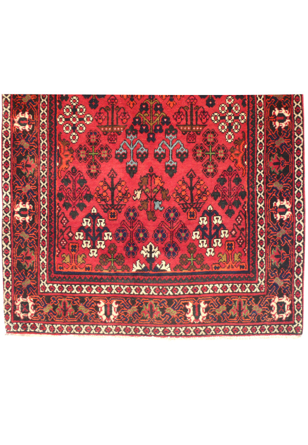 Another view of the Persian Meymeh runner rug, focusing on the intricate border and the fine detailing of the floral and geometric patterns. The combination of red, blue, ivory, black, and green colors enhances the rug's aesthetic appeal.