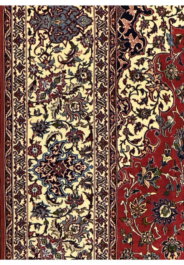 Corner view highlighting the border of Persian Isfahan Silk Rug