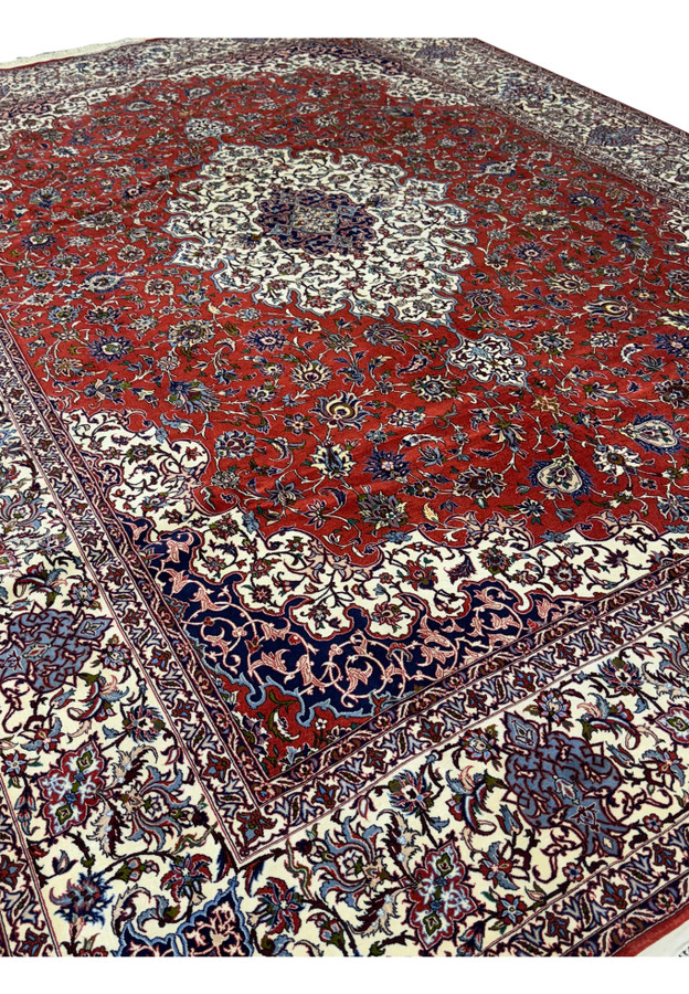 angled view showcasing the full intricate design of the Persian Isfahan Silk Rug.