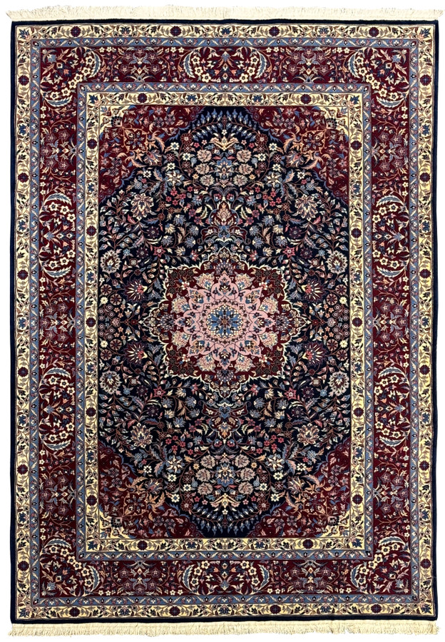 Full view of 6'2 x 9'6 Persian Isfahan Wool and Silk Rug with vibrant colors